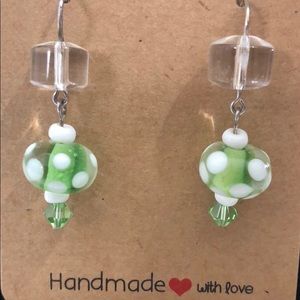 ARTISAN LAMPWORK EARRING - 925 STERLING SILVER DANGLE WHITE GREEN RONDELLE BEADS